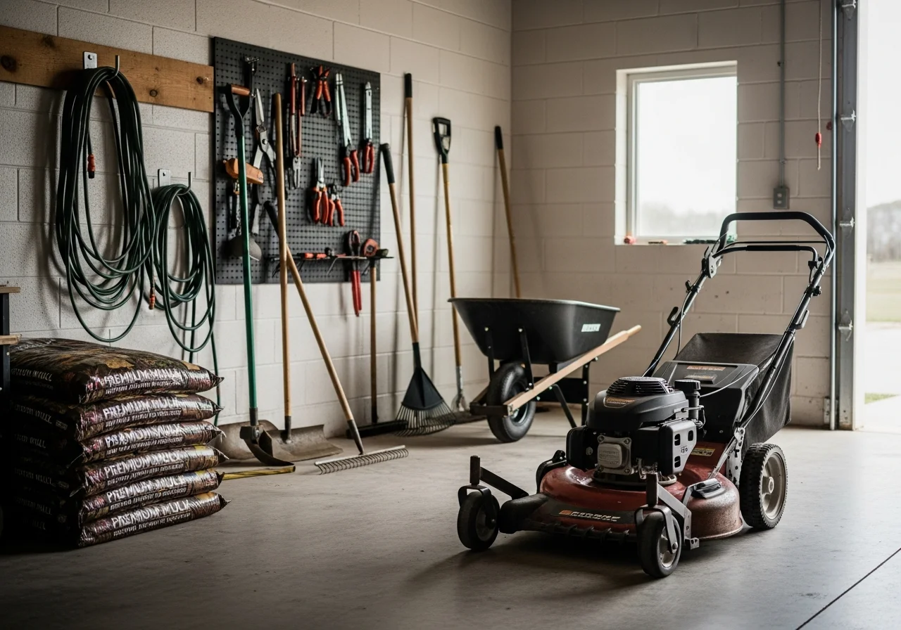 Lawn care equipment and landscaping tools arranged on a work surface, ready for service.