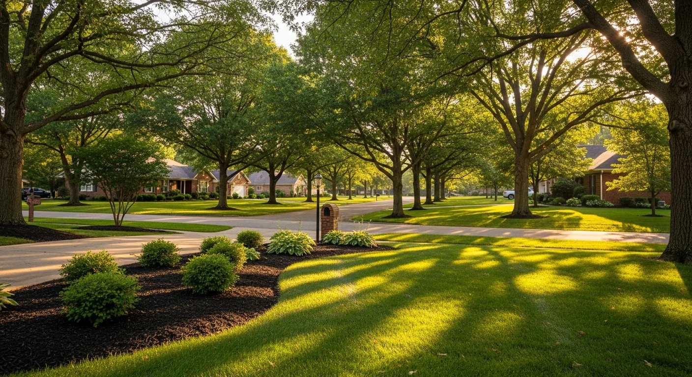 Suburban Greenwood street with tree-lined residential homes and manicured lawns on a clear day.