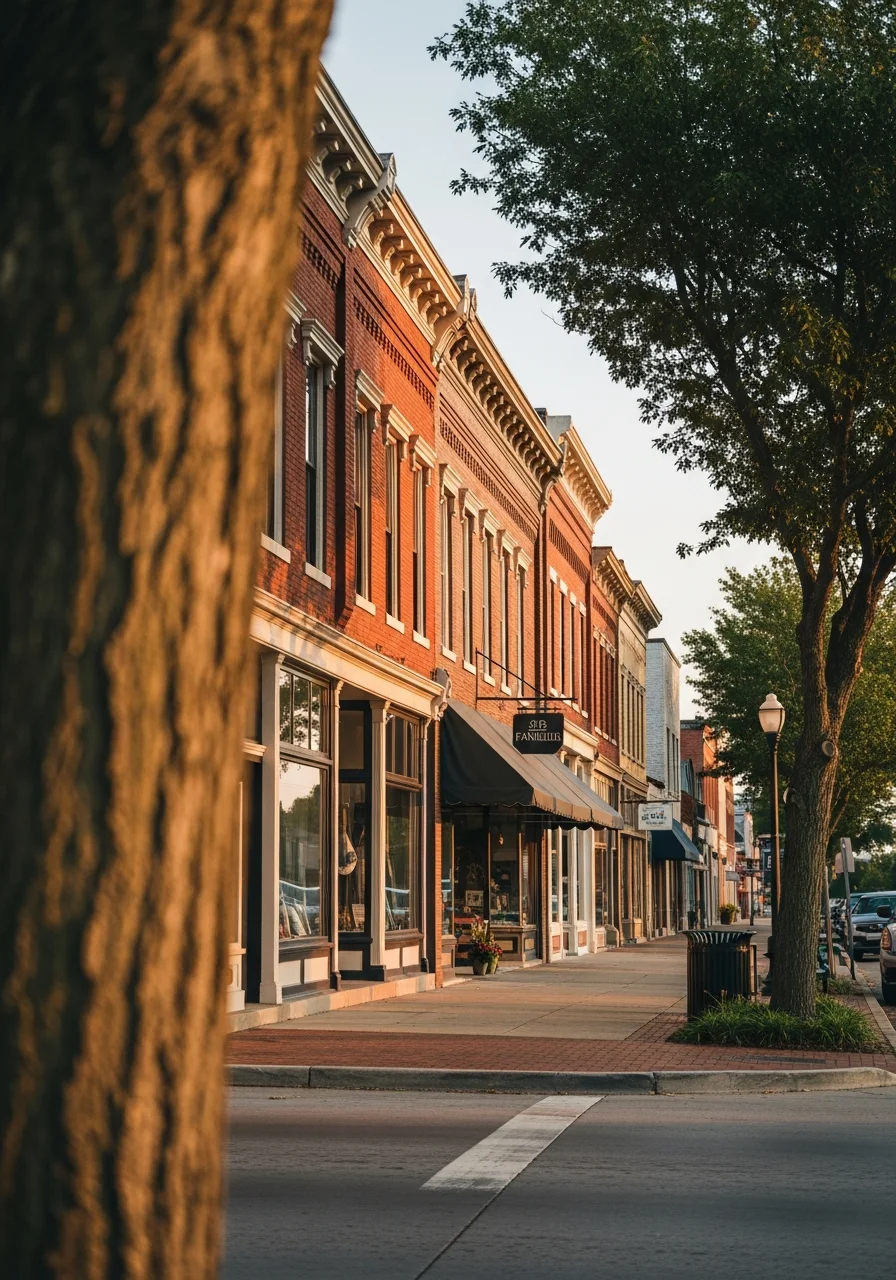 Franklin's historic downtown street with brick buildings and mature trees reflecting Johnson County's heritage.