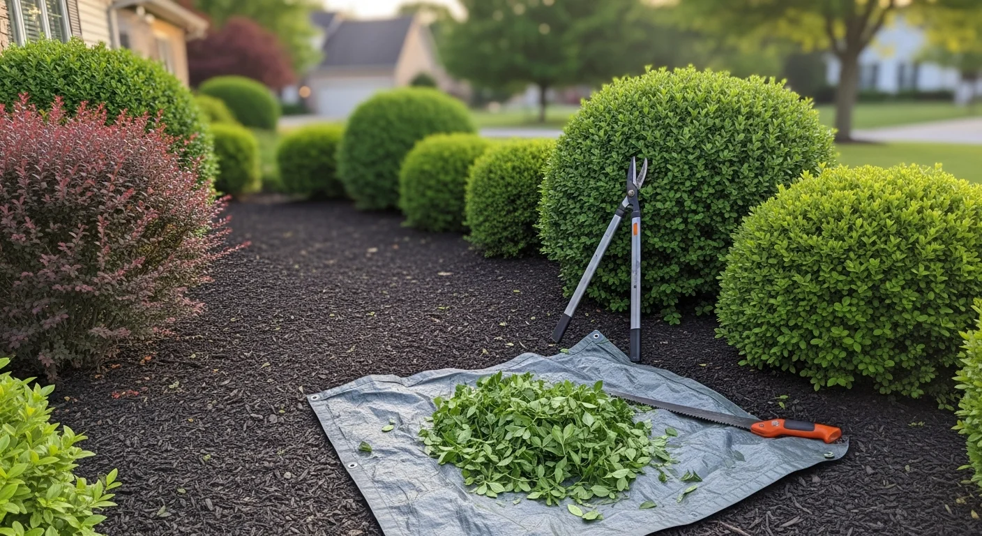 A Greenwood residential front yard with neatly trimmed foundation shrubs and clean bed edges after professional bush trimming service. Shaped boxwoods and hedges line the home's front walkway with no visible overgrowth or debris.