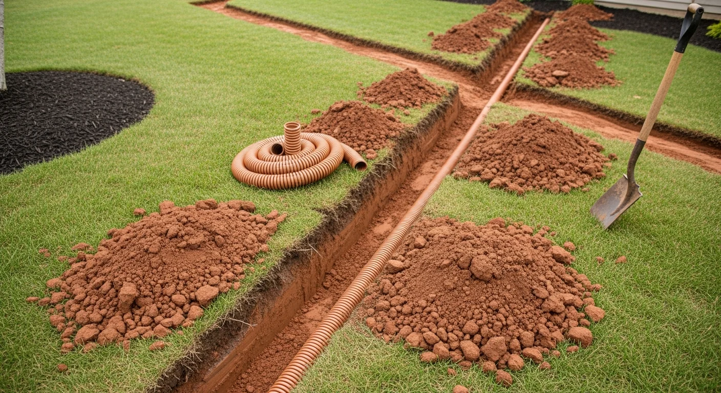 A Greenwood residential backyard after drainage work, showing a newly graded lawn surface with a clean swale directing water away from the home's foundation. The surrounding turf and plant beds are intact, with no standing water visible after rain.