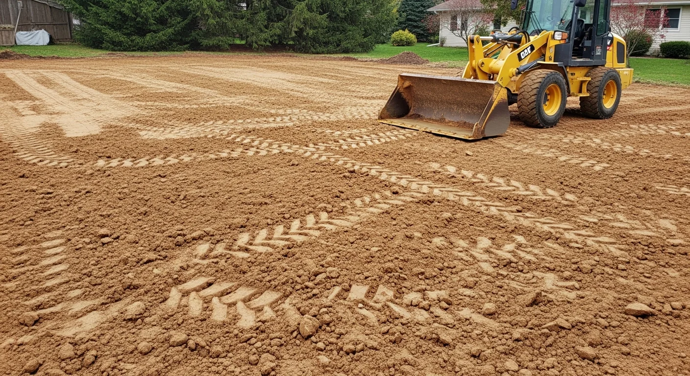 A freshly graded residential yard in Greenwood, Indiana showing smooth, evenly sloped soil graded away from the home's foundation. A landscaping crew levels the surface in preparation for sod installation.