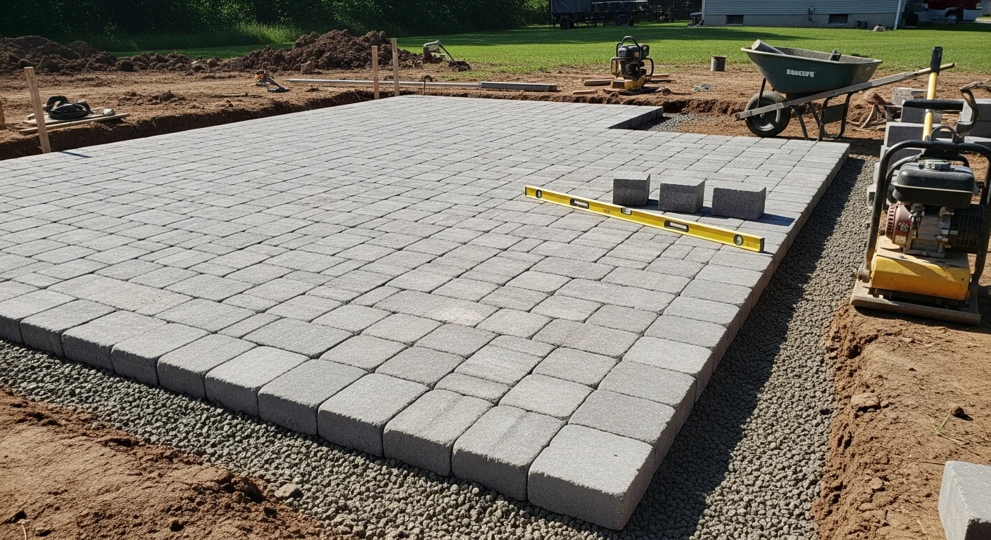 Newly installed paver patio and retaining wall in a Greenwood, Indiana residential backyard. The hardscape features a level stone surface with clean edge borders and a graded slope behind the wall.