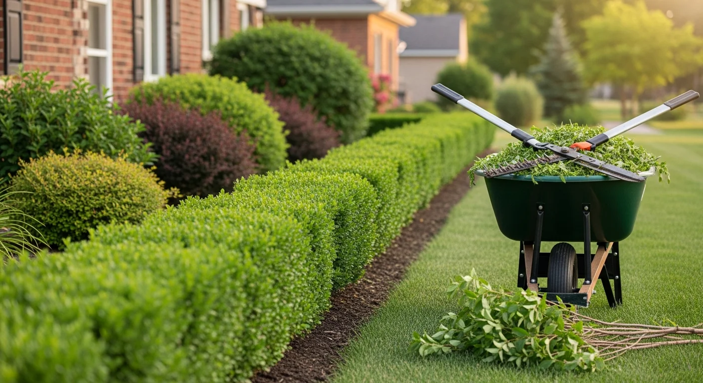A neatly trimmed green hedge row along the front yard of a single-family home in Greenwood, Indiana. Freshly cut shrub edges are clean and even, with no clippings left on the surrounding lawn.