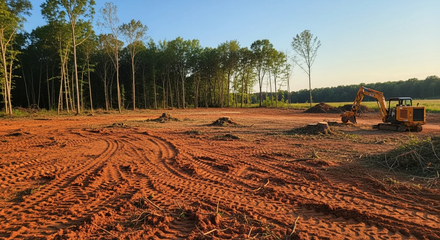A cleared residential lot in Greenwood with all brush, stumps, and overgrown vegetation removed, leaving open, level ground ready for landscaping or construction. A landscaping crew from Ro's Lawn and Landscape LLC. is visible finishing debris removal at the site.