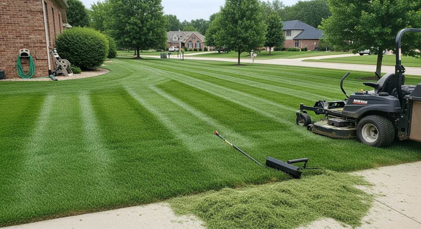 A freshly mowed residential lawn in Greenwood, Indiana with clean mowing lines and edged borders along a concrete driveway. Cool-season turf shows even cut height and no clipping clumps left on the surface.