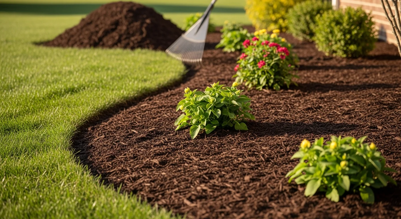 Freshly installed dark mulch covering a residential flower bed in Greenwood, Indiana, with clean-edged borders around shrubs and a tidy lawn in the background. A Ro's Lawn and Landscape LLC. crew member smooths the mulch layer to an even depth around established plantings.