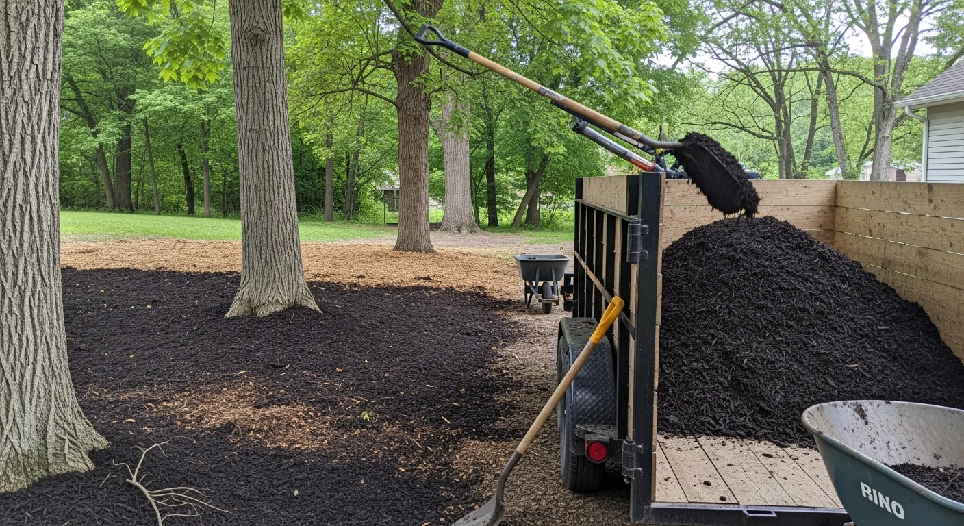 A Greenwood residential landscape bed with old compacted mulch fully cleared away, exposing clean soil around established shrubs and a tree ring. A crew member from Ro's Lawn and Landscape LLC. loads removed mulch debris into a trailer in the background.