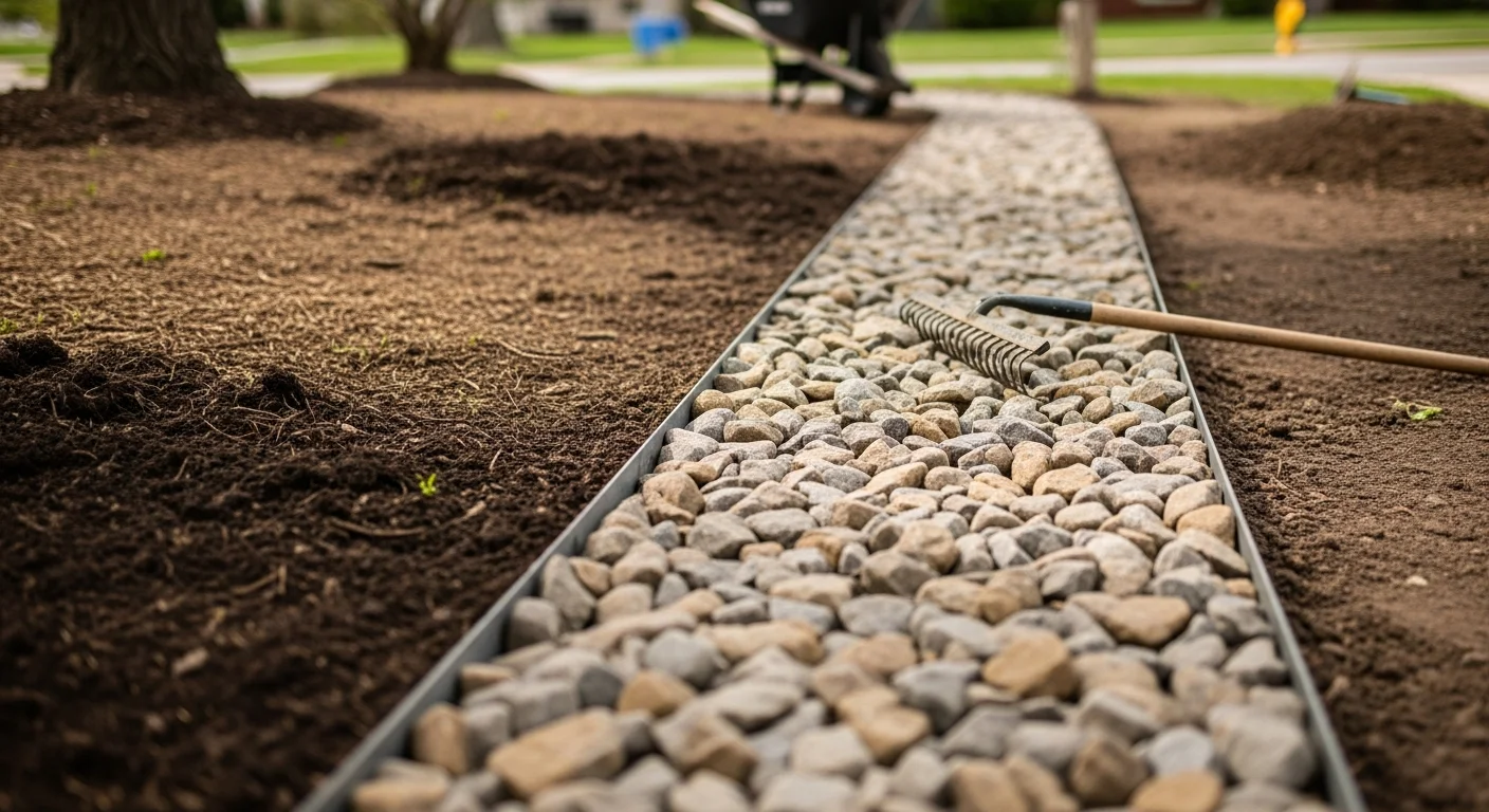 Freshly installed landscape rock lining a planting bed at a Greenwood residential property, with clean steel edging keeping the stone contained along the border. Stone covers the full bed surface with no gaps, set against a green lawn.