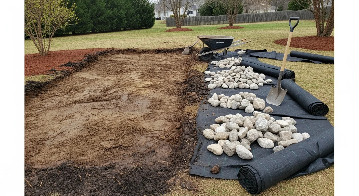 A cleared residential landscape bed in Greenwood, Indiana after rock removal, showing bare soil ready for replanting. Shovels and an empty wheelbarrow rest at the edge of the cleaned bed beside a suburban home.