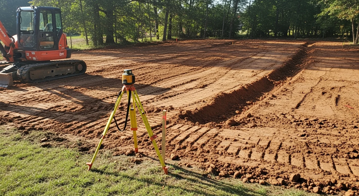 A Greenwood residential yard with freshly graded and cleared ground, showing level soil ready for landscaping installation. The site has been stripped of vegetation and shaped to direct drainage away from the home's foundation.
